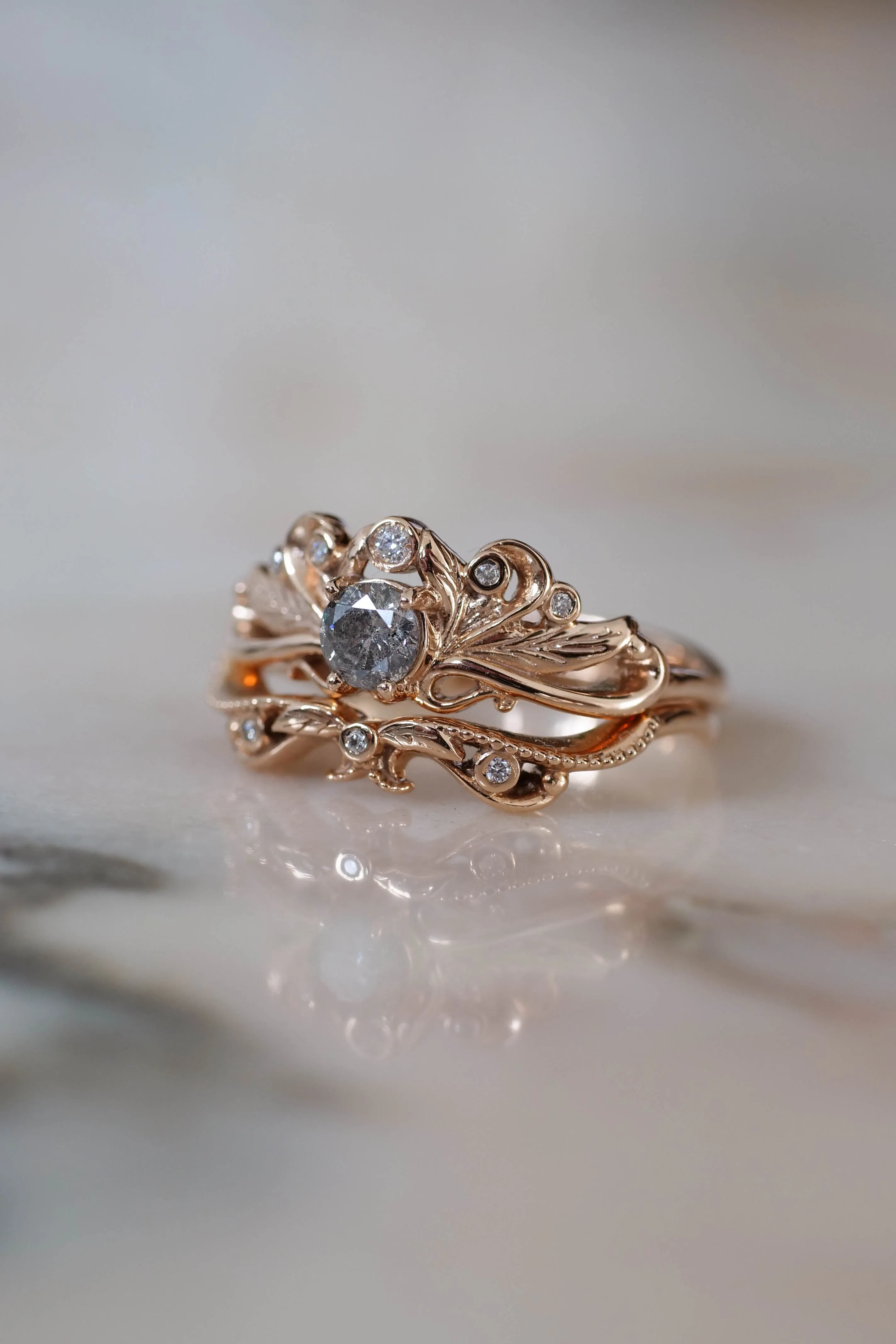 READY TO SHIP: Damariss set in 14K rose gold, salt and pepper diamond 4 mm, moissanites, RING SIZE - 7 US