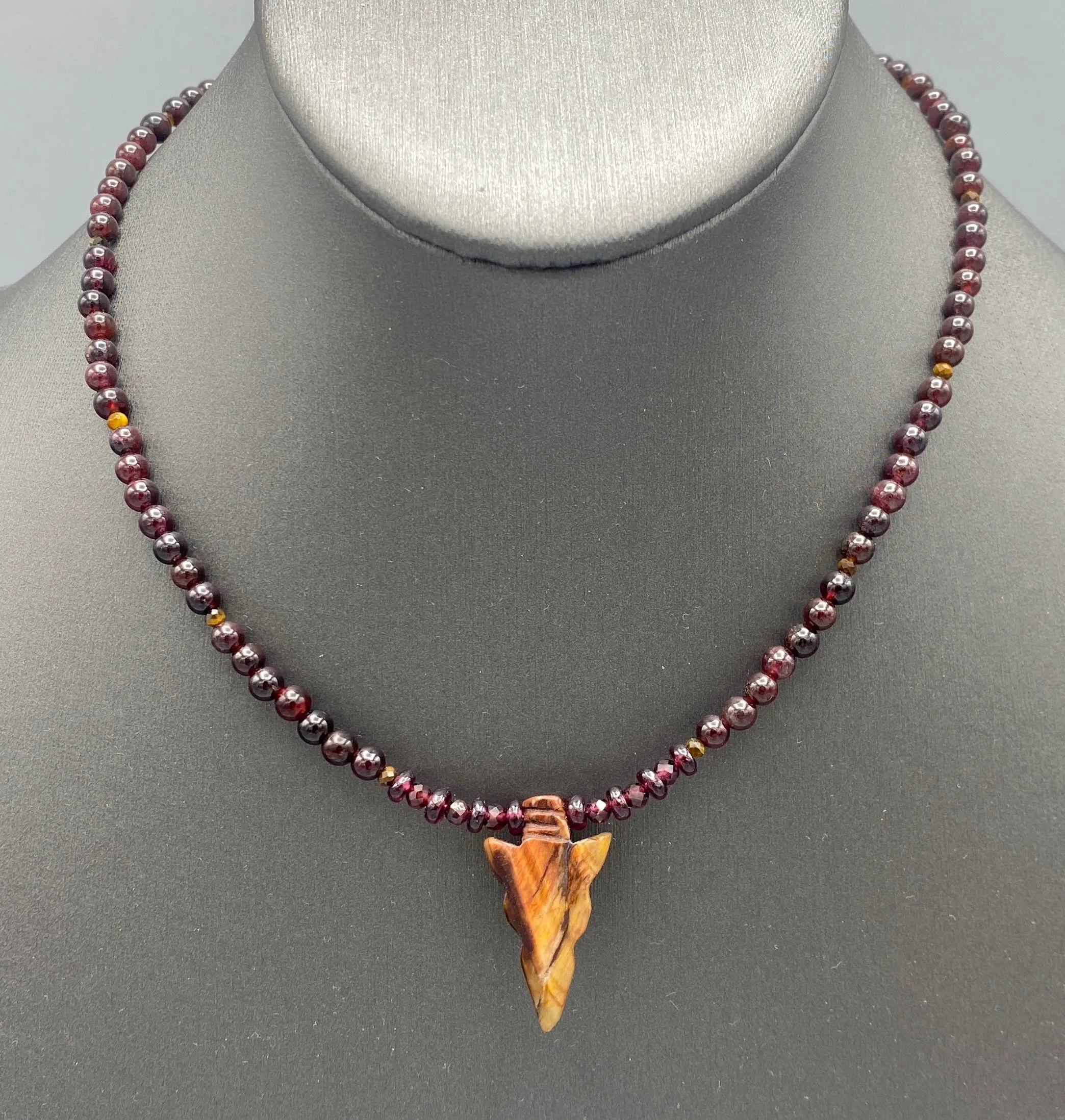 Red Tiger Eye Gemstone Arrow and Garnet Necklace w/ 14 kt Rose Gf components