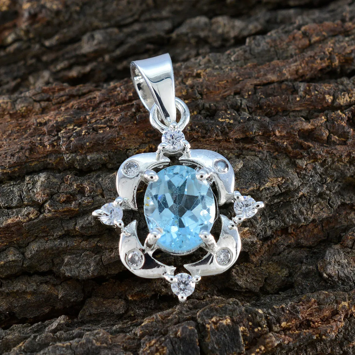 Riyo Beaut Gemstone Oval Faceted Blue Blue Topaz Sterling Silver Pendant Gift For Handmade