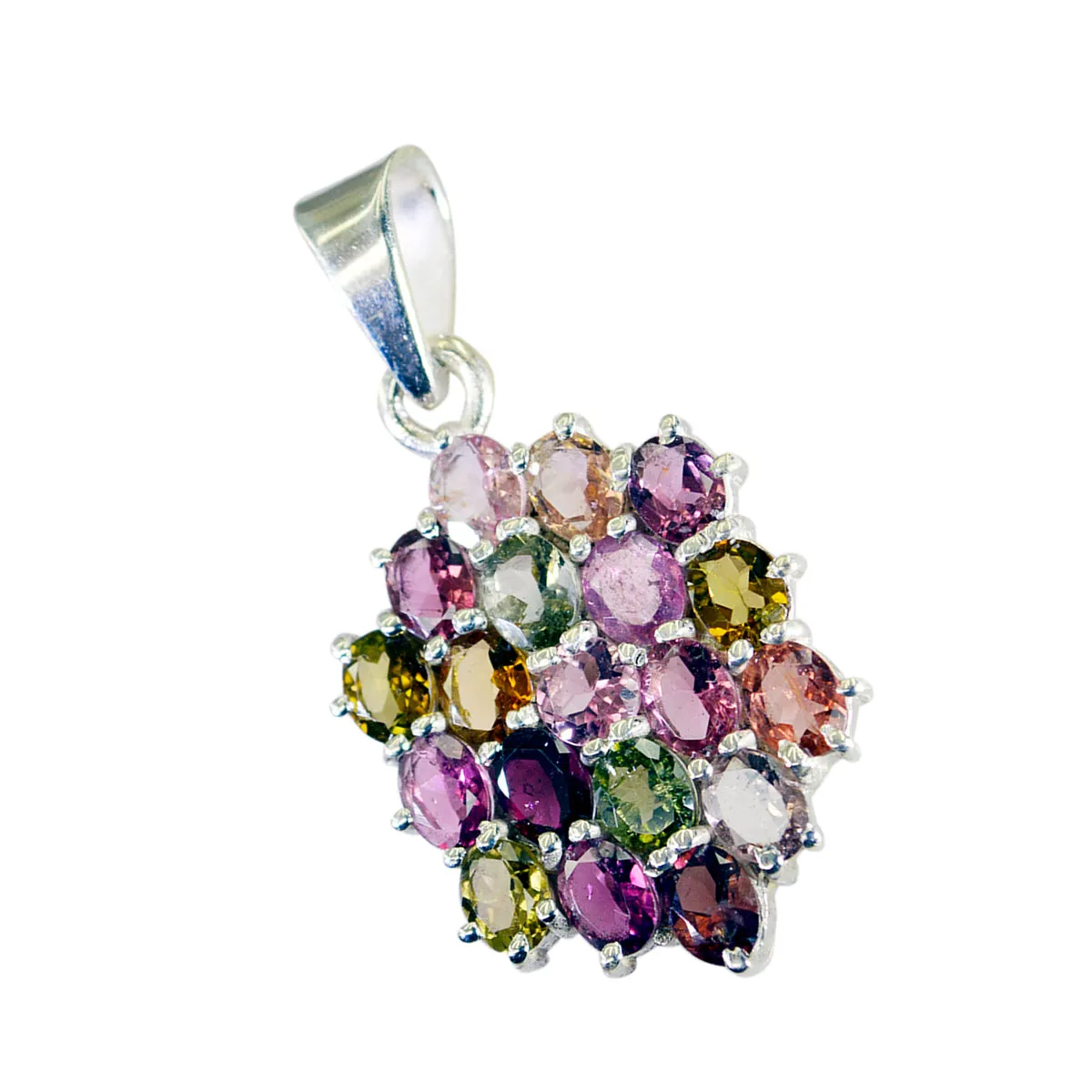 Riyo Cute Gemstone Oval Faceted Multi Color Tourmaline Sterling Silver Pendant Gift For Friend