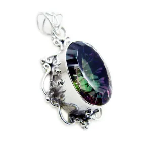 Riyo Elegant Gems Oval Faceted Multi Color Mystic Quartz Solid Silver Pendant Gift For Easter Sunday