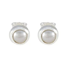 Riyo Fair Sterling Silver Earring For Women Pearl Earring Bezel Setting White Earring Stud Earring