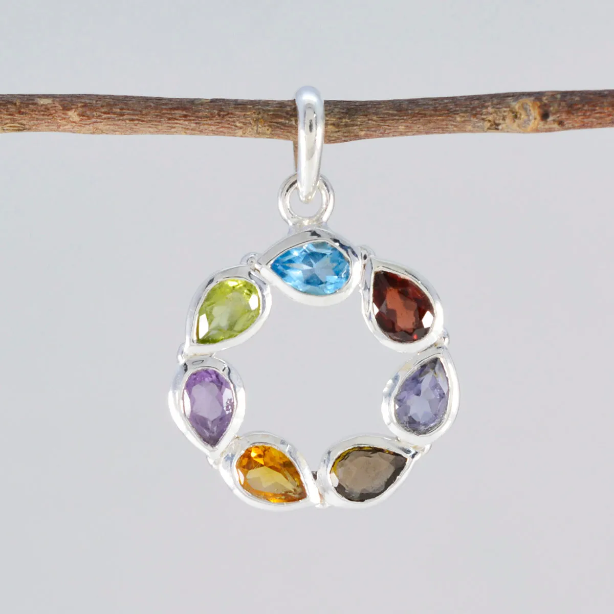 Riyo Fit Gems Pear Faceted Multi Color Multi Stone Solid Silver Pendant Gift For Wedding