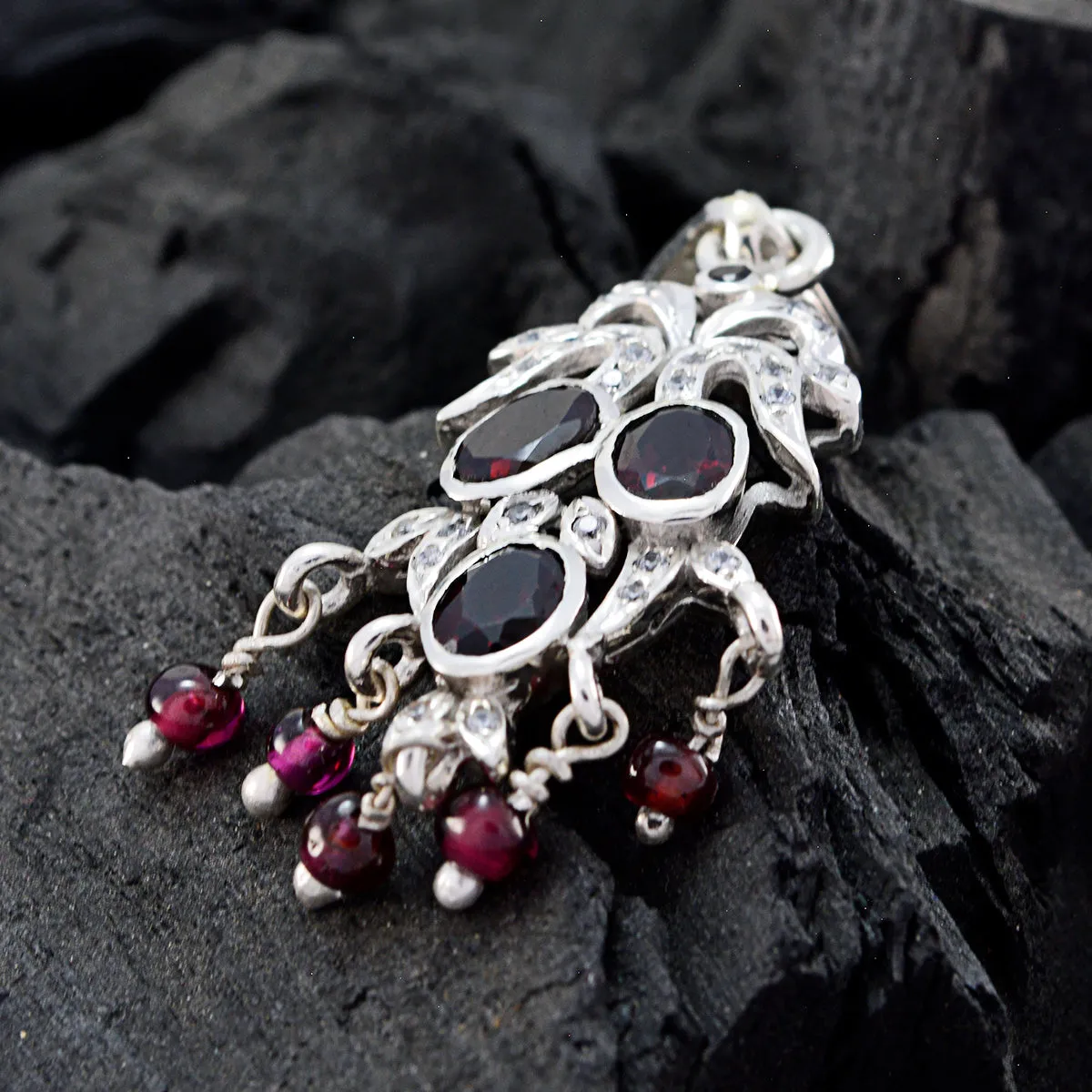 Riyo Genuine Gems Multi Shape Faceted Red Garnet Solid Silver Pendant gift for mothers day