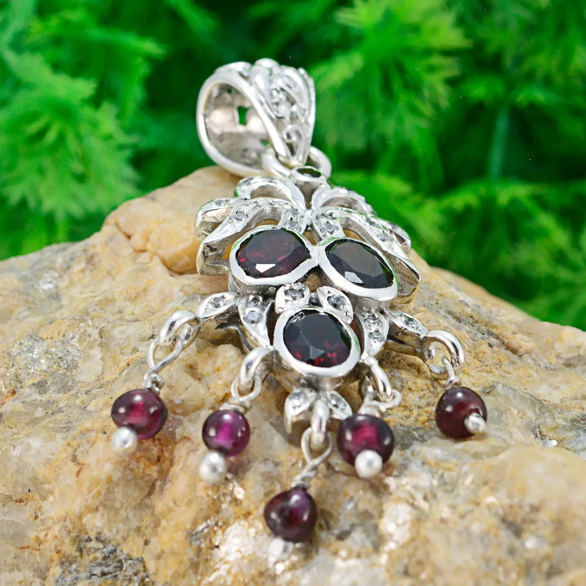 Riyo Genuine Gems Multi Shape Faceted Red Garnet Solid Silver Pendant gift for mothers day