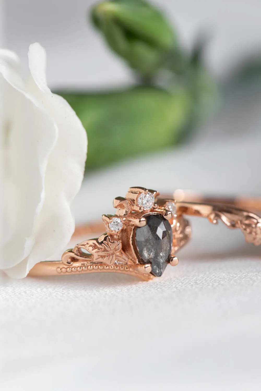 Rose cut salt and pepper diamond bridal ring set, nature inspired rose gold engagement and wedding rings / Ariadne