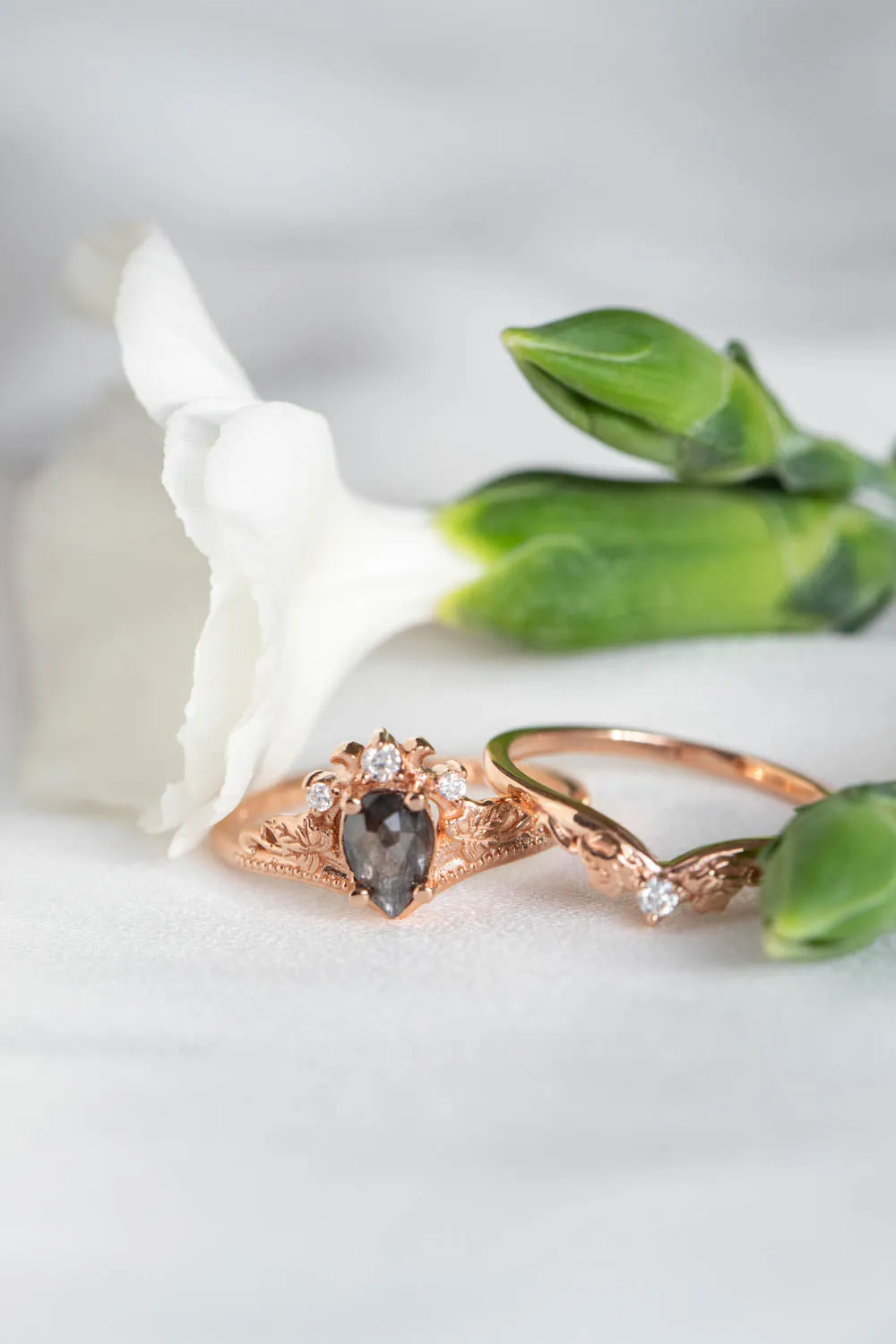 Rose cut salt and pepper diamond bridal ring set, nature inspired rose gold engagement and wedding rings / Ariadne