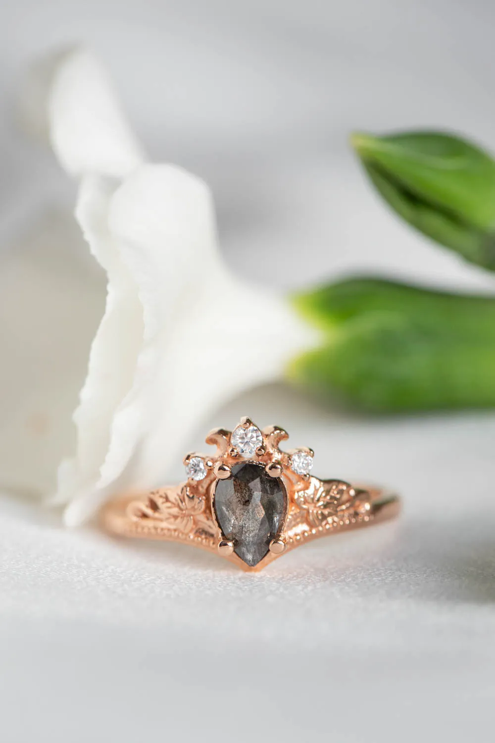 Rose cut salt and pepper diamond bridal ring set, nature inspired rose gold engagement and wedding rings / Ariadne