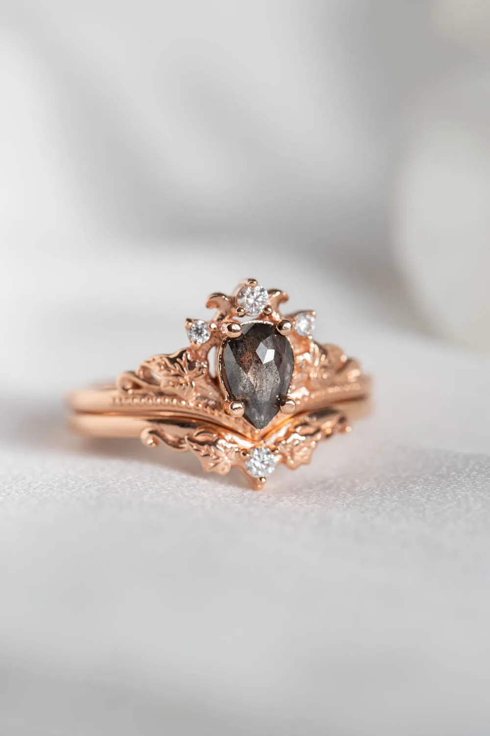 Rose cut salt and pepper diamond bridal ring set, nature inspired rose gold engagement and wedding rings / Ariadne