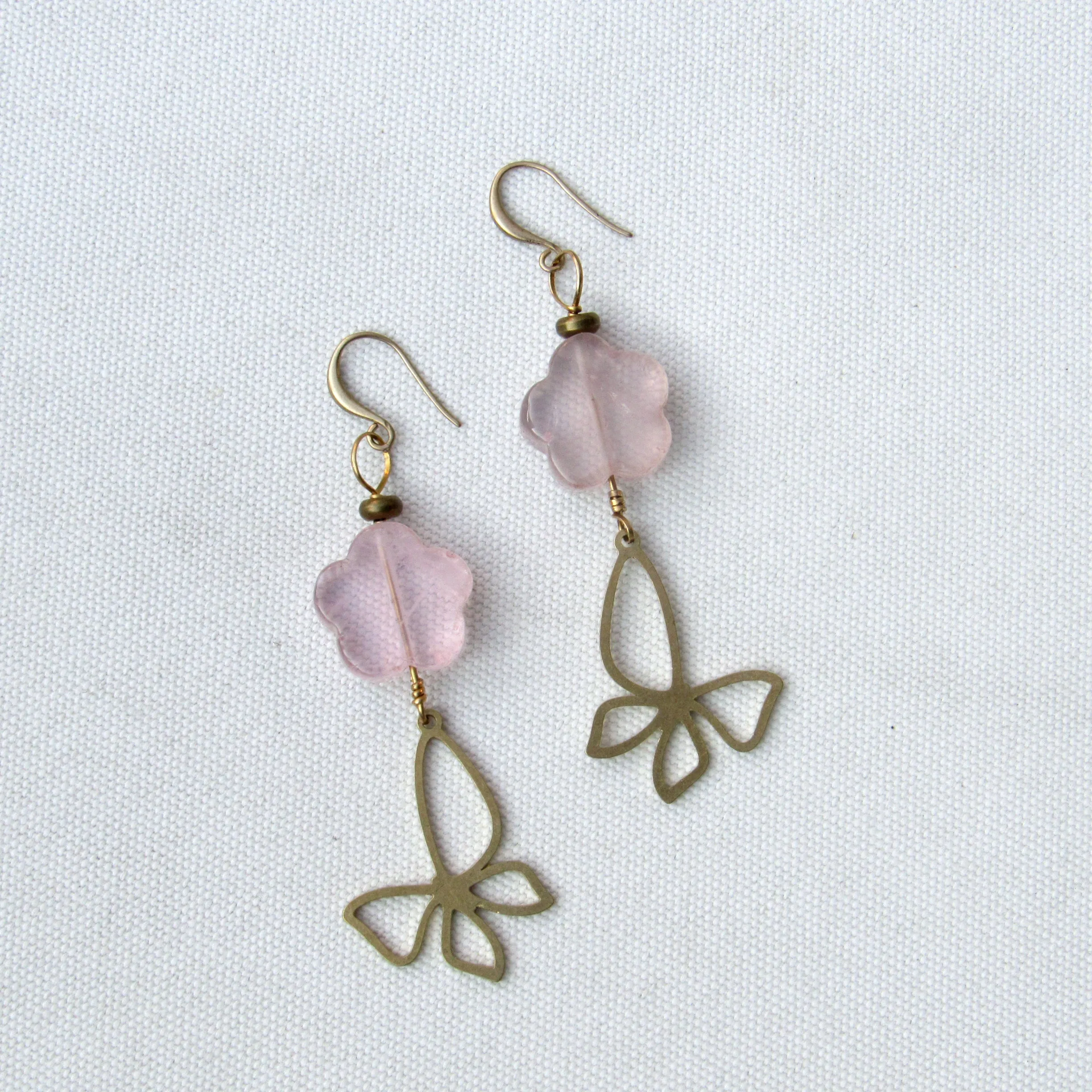 Rose Quartz gemstone  Flowered Brass Butterfly Drop Earrings