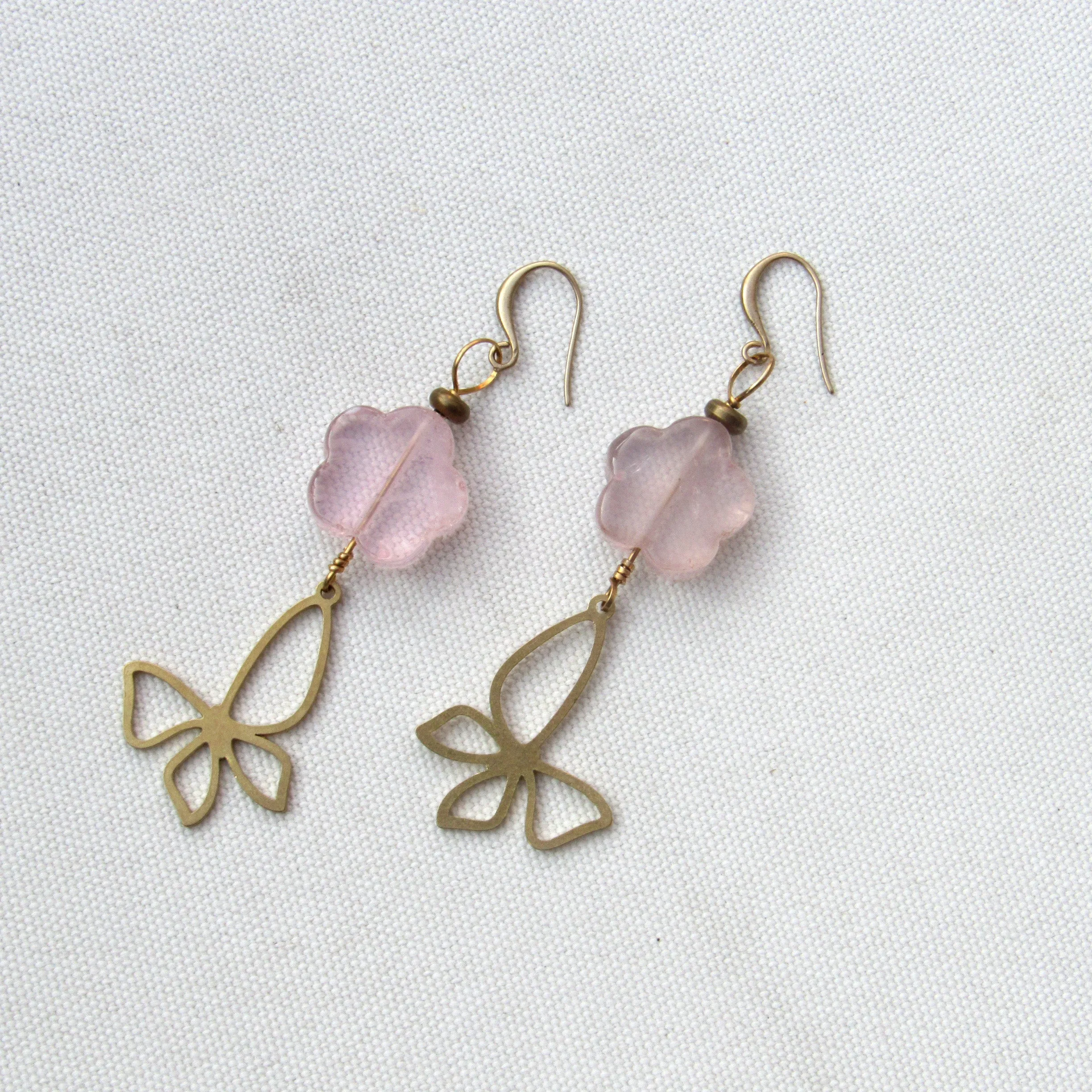 Rose Quartz gemstone  Flowered Brass Butterfly Drop Earrings