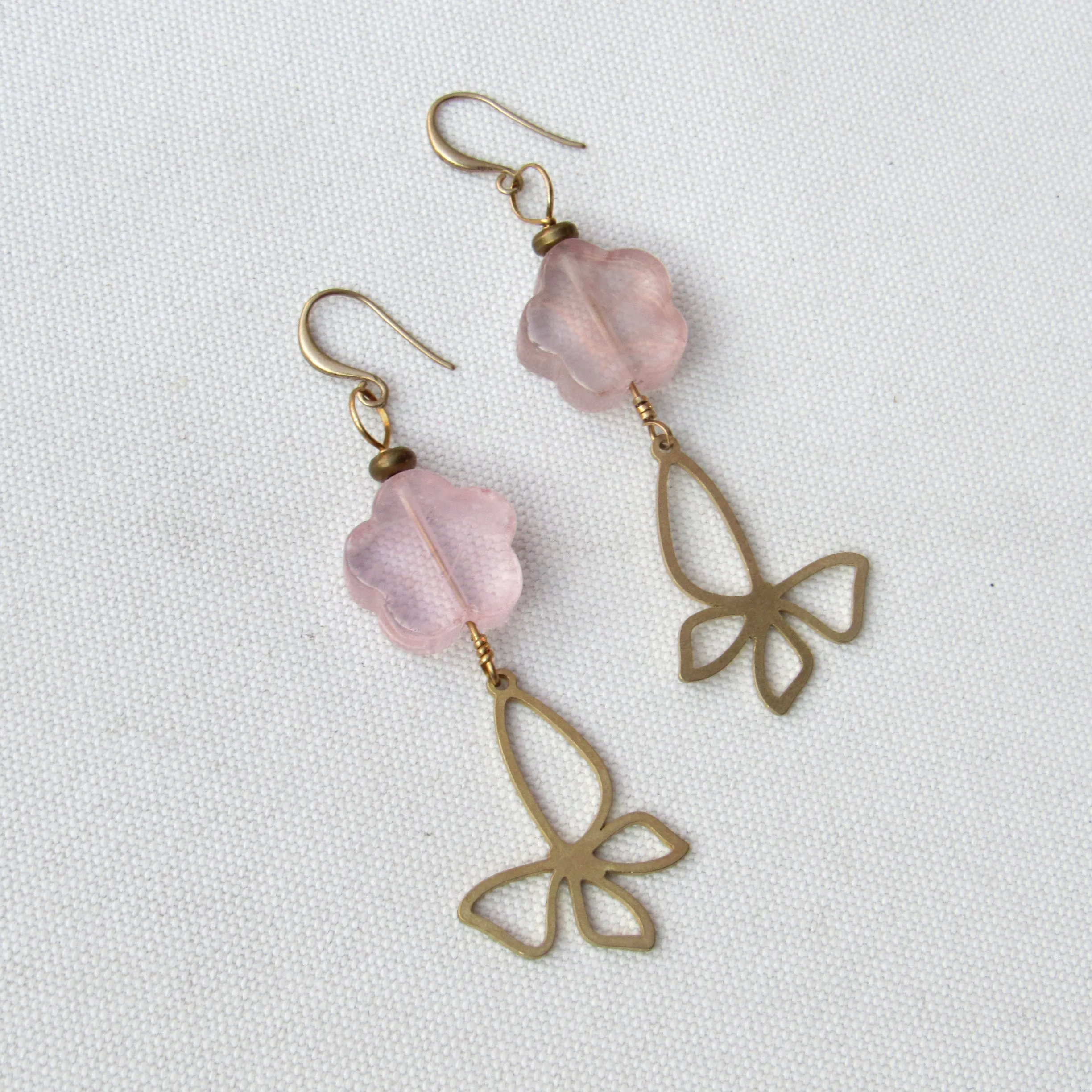 Rose Quartz gemstone  Flowered Brass Butterfly Drop Earrings