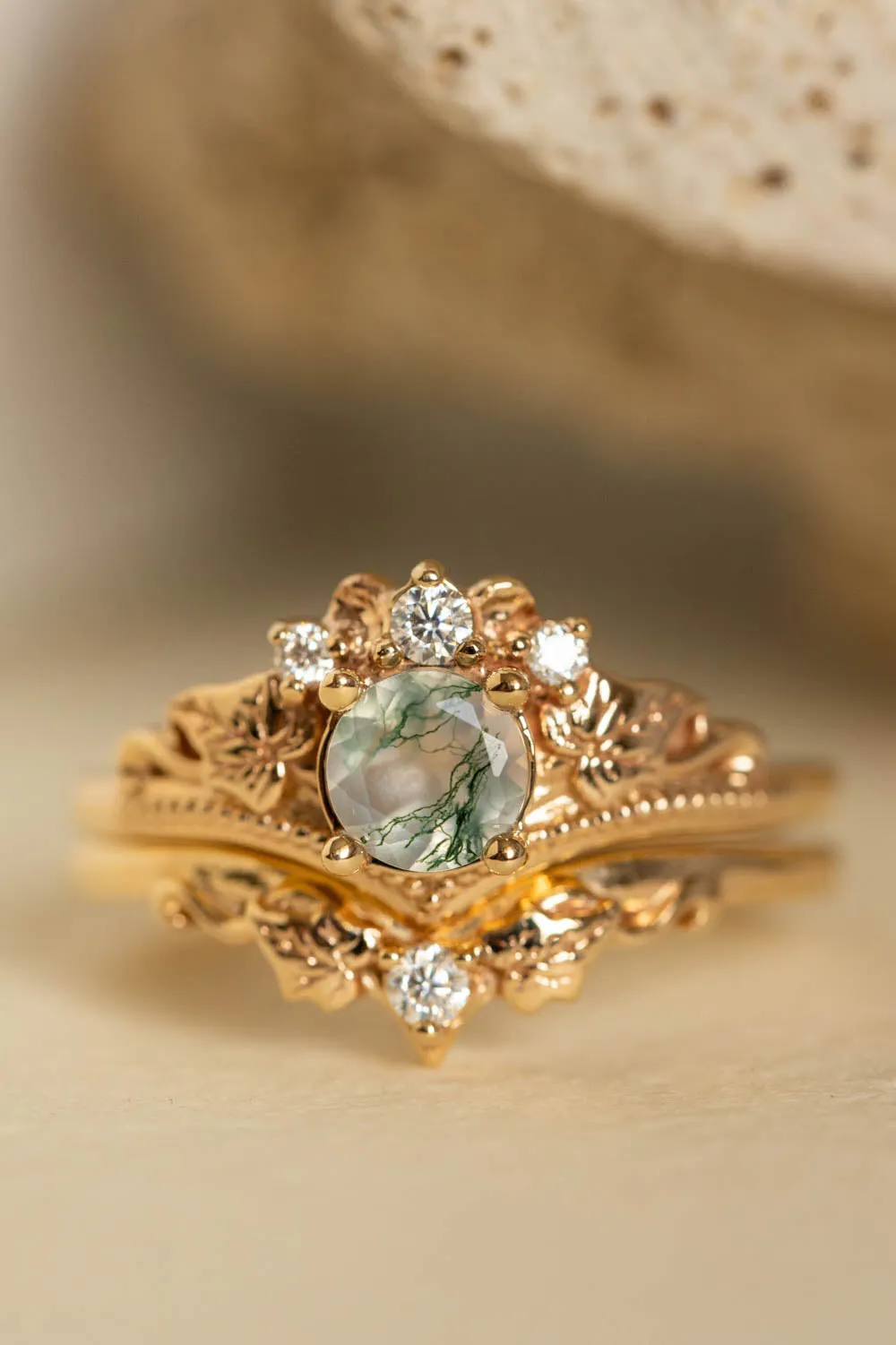 Opulent Moss Agate Bridal Ring Set with Diamond Tiara Rings - Ariadne