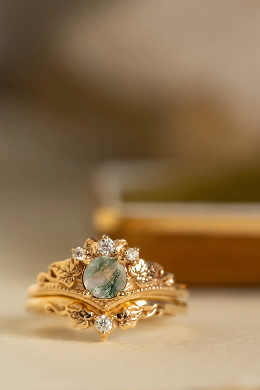 Opulent Moss Agate Bridal Ring Set with Diamond Tiara Rings - Ariadne