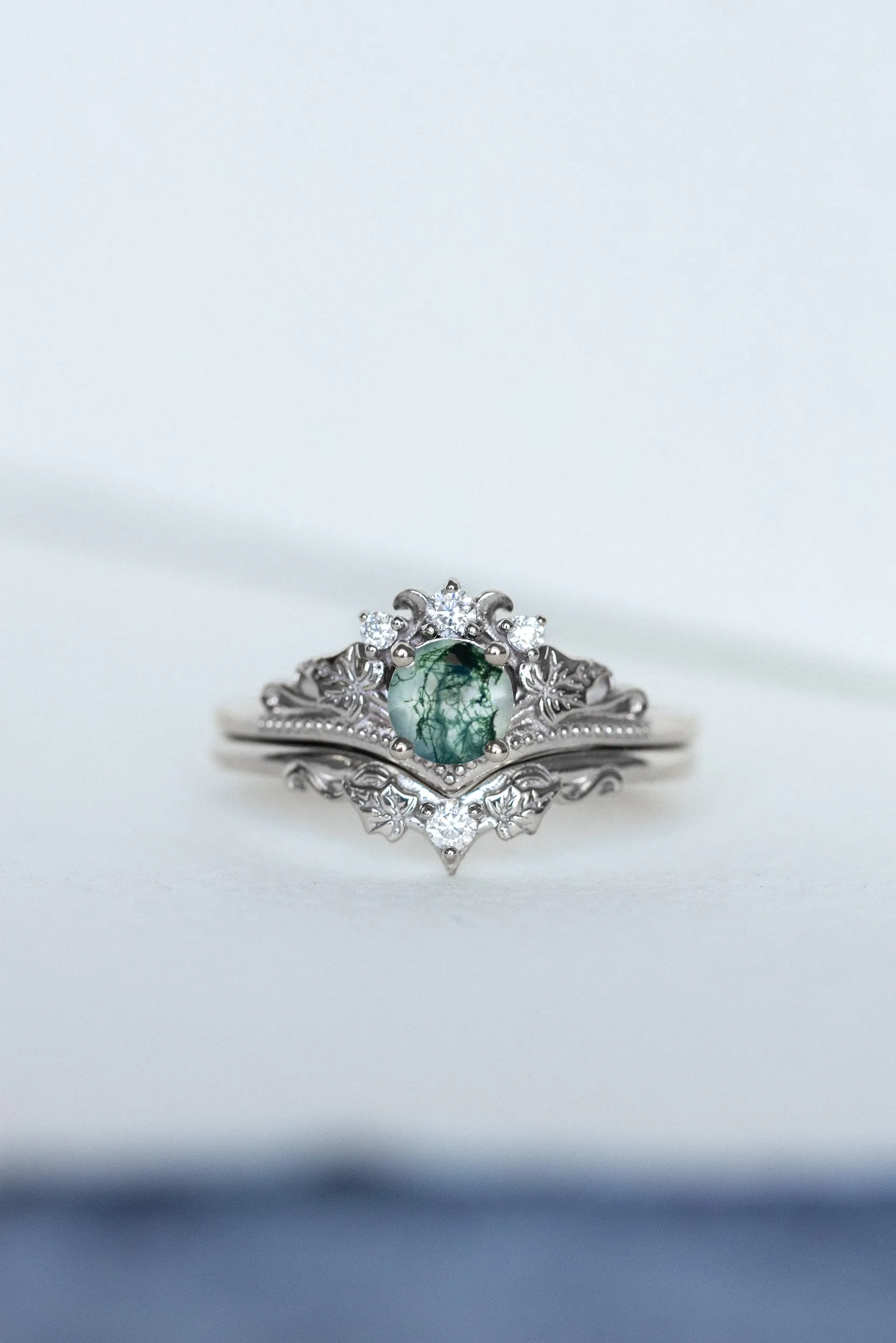 Opulent Moss Agate Bridal Ring Set with Diamond Tiara Rings - Ariadne