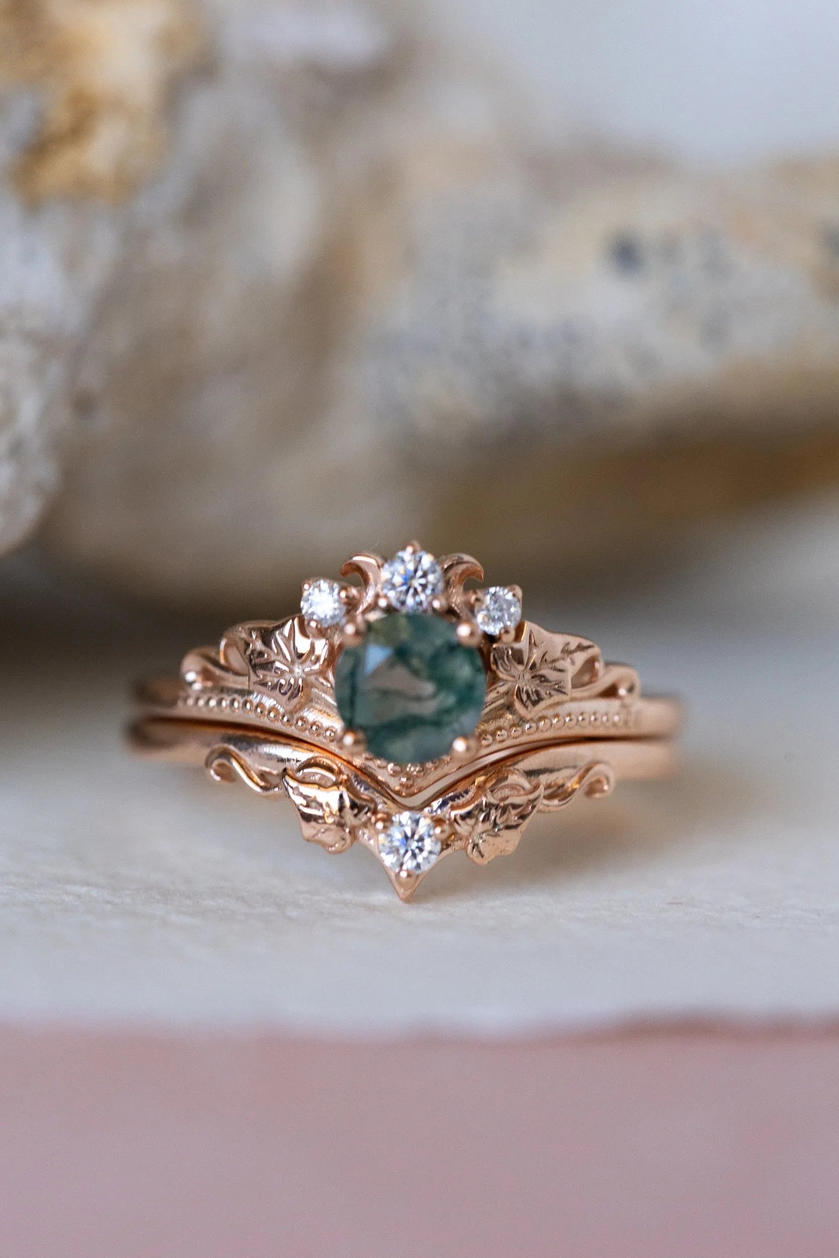 Opulent Moss Agate Bridal Ring Set with Diamond Tiara Rings - Ariadne