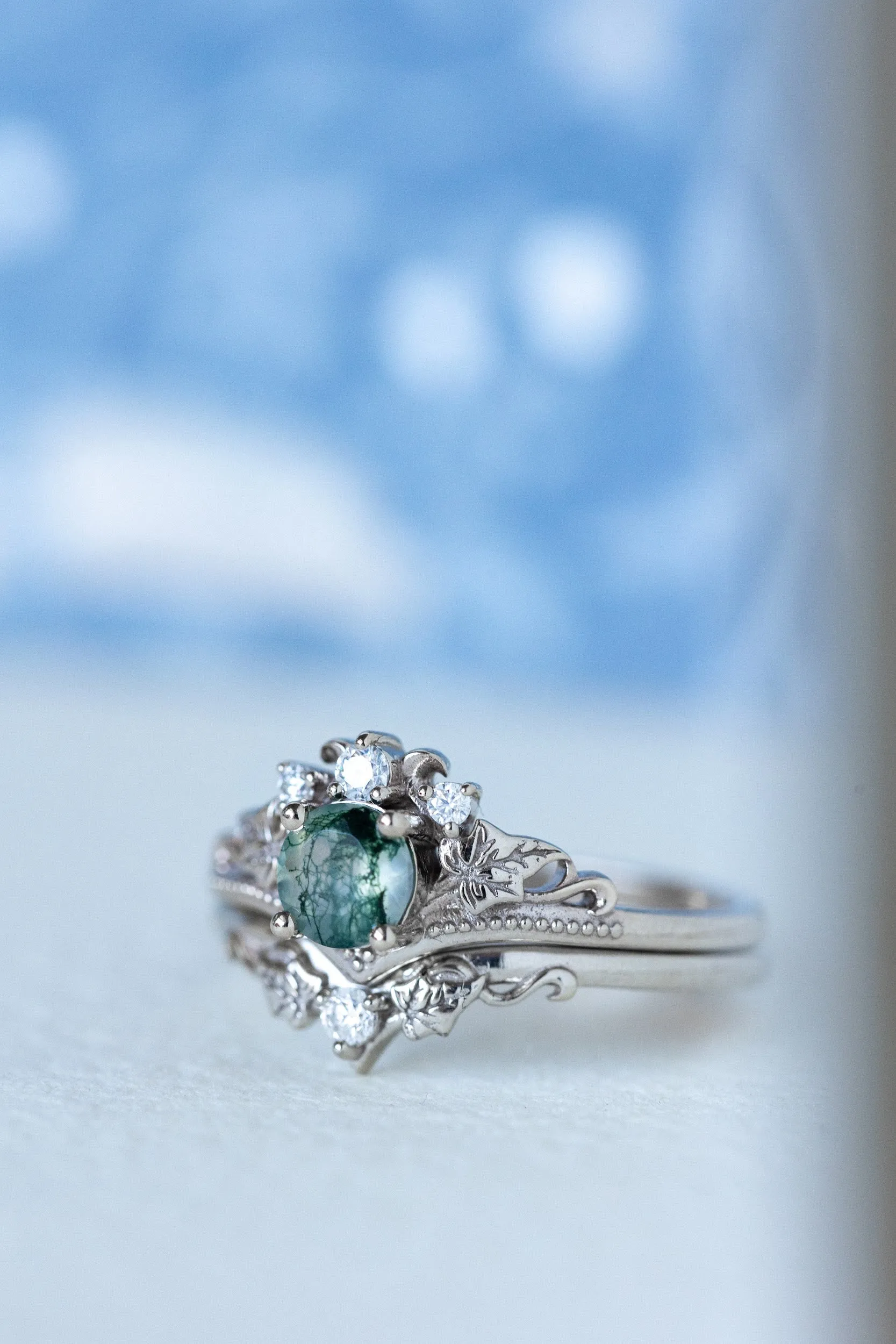 Opulent Moss Agate Bridal Ring Set with Diamond Tiara Rings - Ariadne