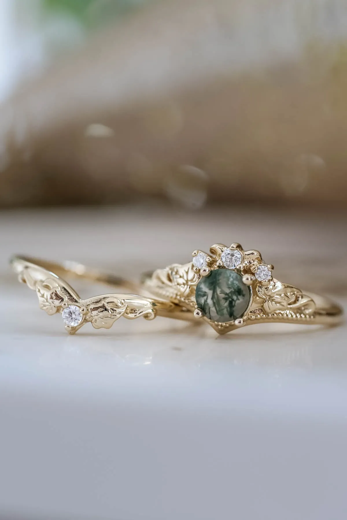 Opulent Moss Agate Bridal Ring Set with Diamond Tiara Rings - Ariadne