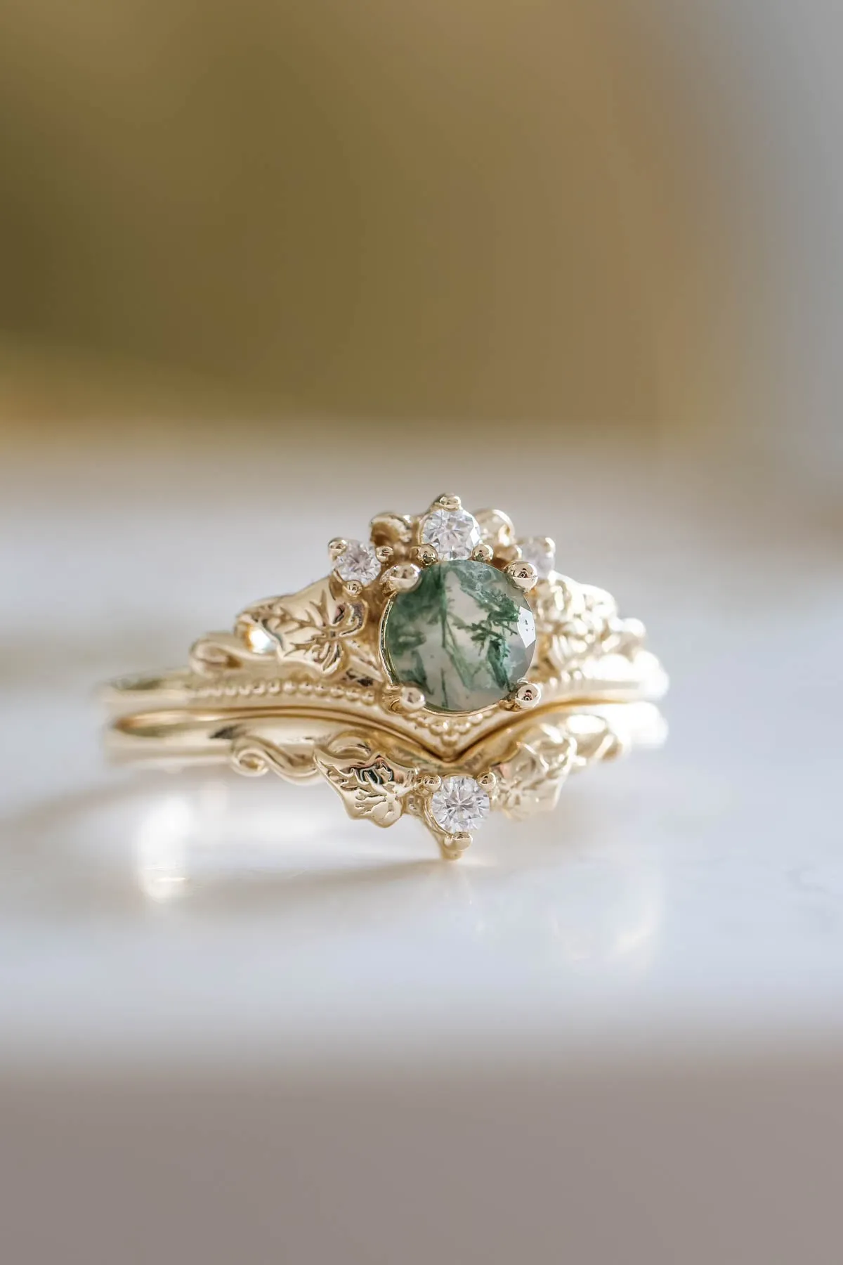 Opulent Moss Agate Bridal Ring Set with Diamond Tiara Rings - Ariadne