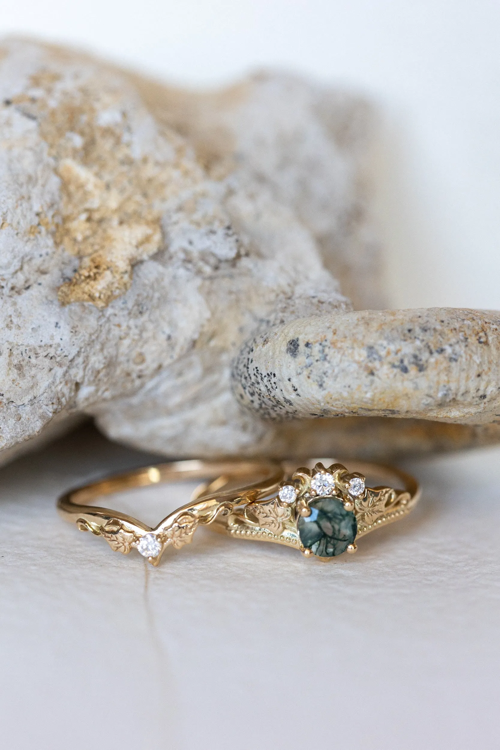 Opulent Moss Agate Bridal Ring Set with Diamond Tiara Rings - Ariadne