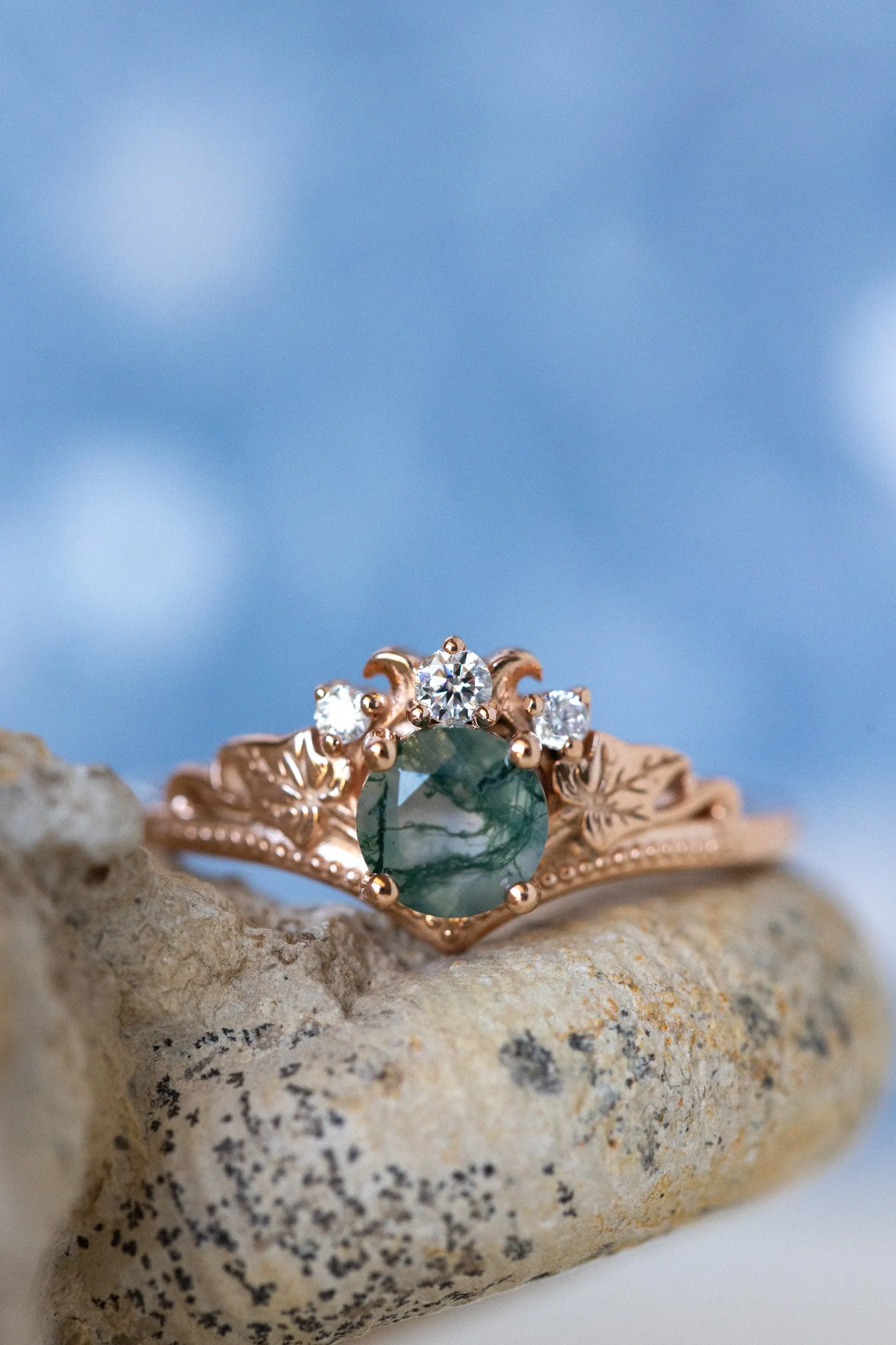 Opulent Moss Agate Bridal Ring Set with Diamond Tiara Rings - Ariadne