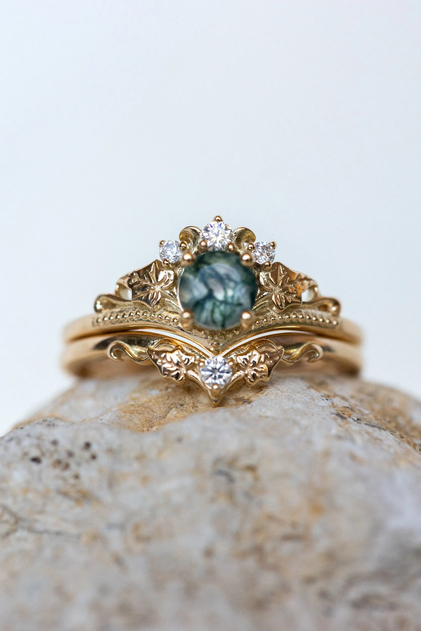 Opulent Moss Agate Bridal Ring Set with Diamond Tiara Rings - Ariadne