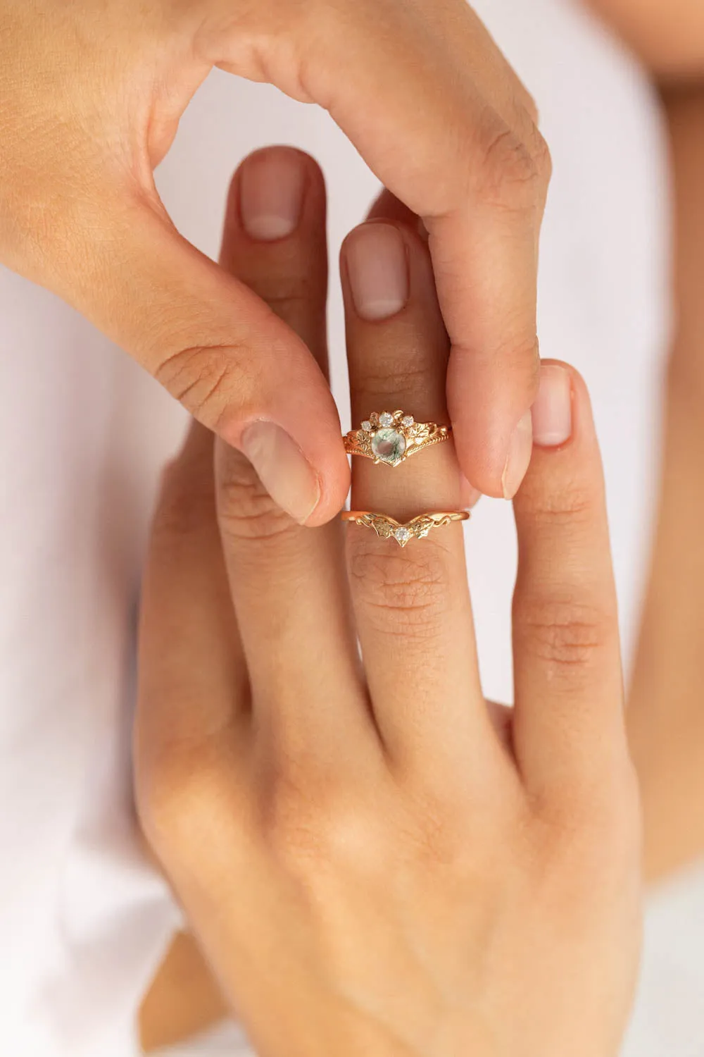 Opulent Moss Agate Bridal Ring Set with Diamond Tiara Rings - Ariadne