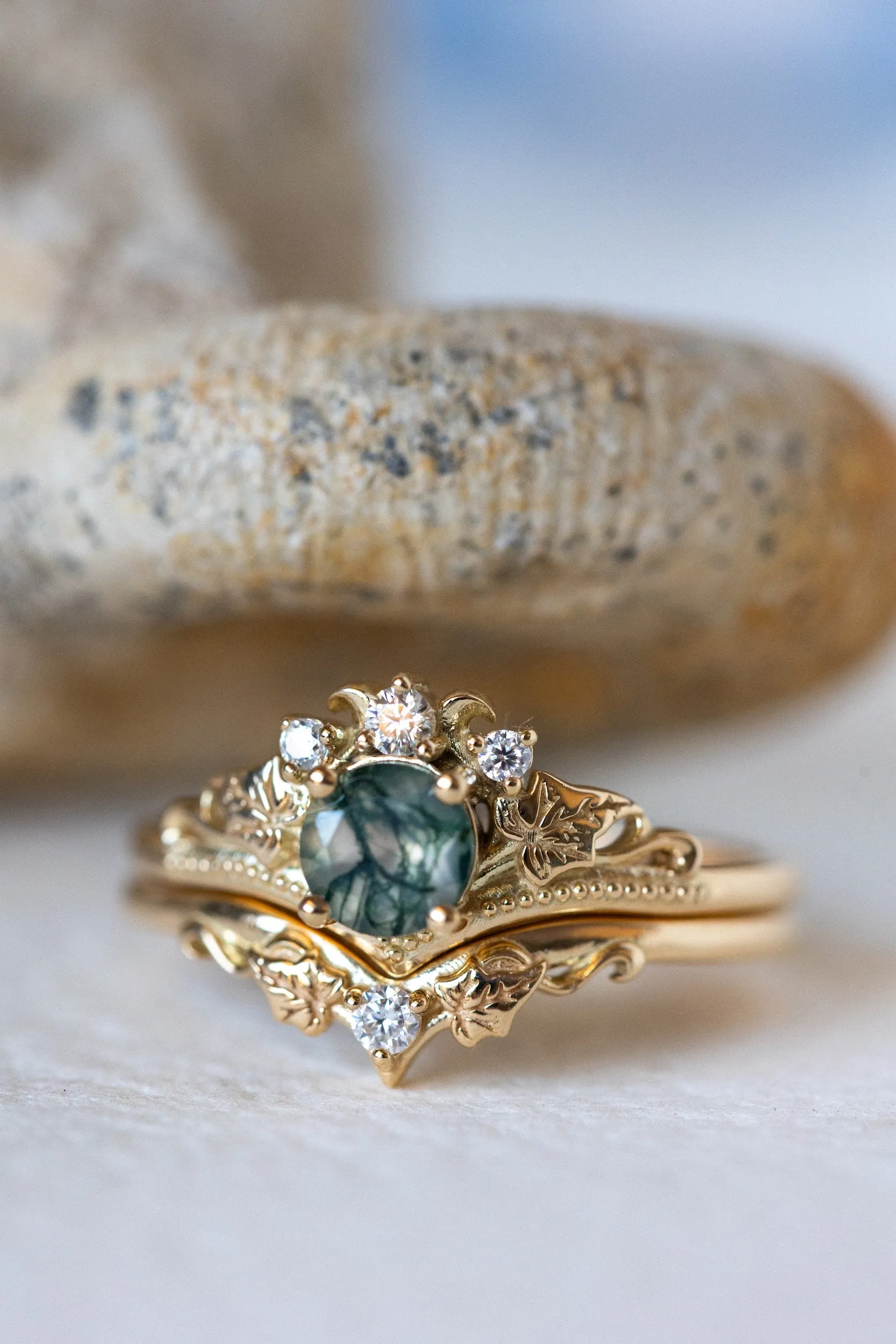 Opulent Moss Agate Bridal Ring Set with Diamond Tiara Rings - Ariadne