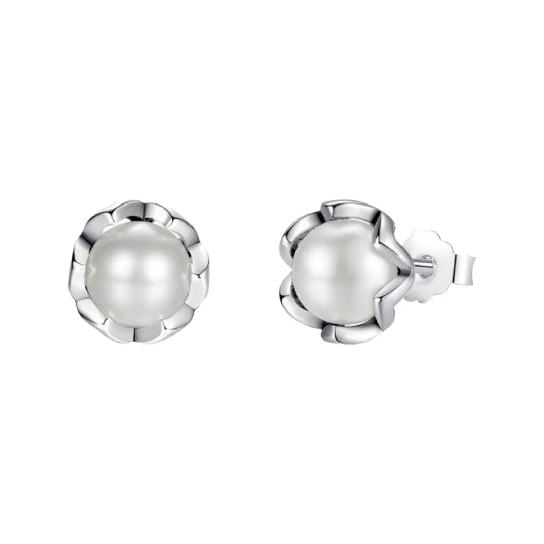 SILVER 925 SINGLE PEARL INSIDE FLOWER STUD EARRINGS