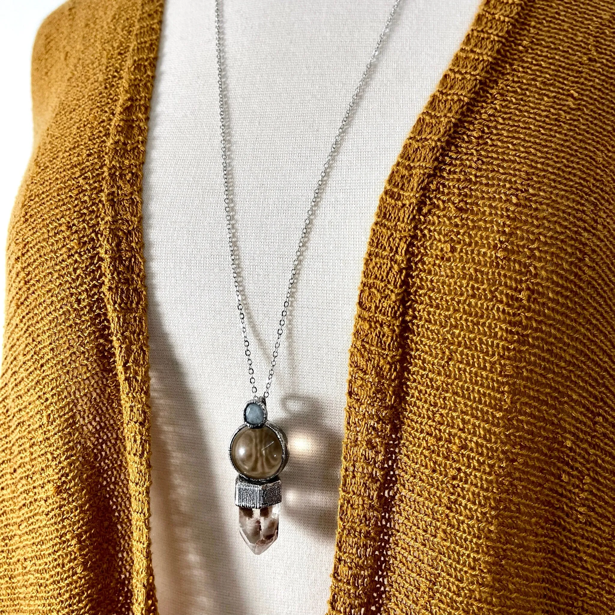 Smoky Quartz Ball, Garden Quartz Point and Aquamarine Crystal Necklace set in Fine Silver / One of a Kind - by Foxlark