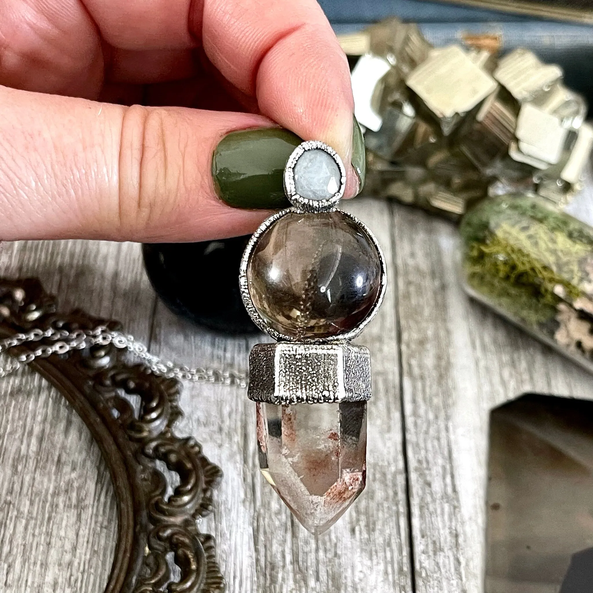 Smoky Quartz Ball, Garden Quartz Point and Aquamarine Crystal Necklace set in Fine Silver / One of a Kind - by Foxlark