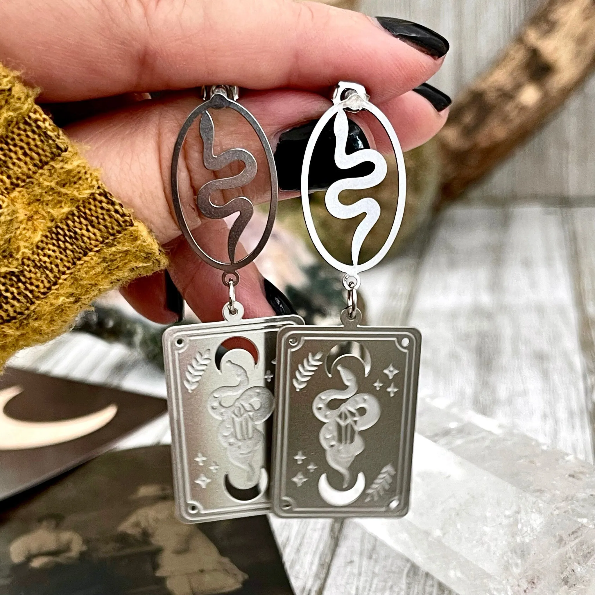 Snake and Tarot Card Stainless Steel Earrings /  Serpent Earrings  - Long Dangly Geometric Earrings