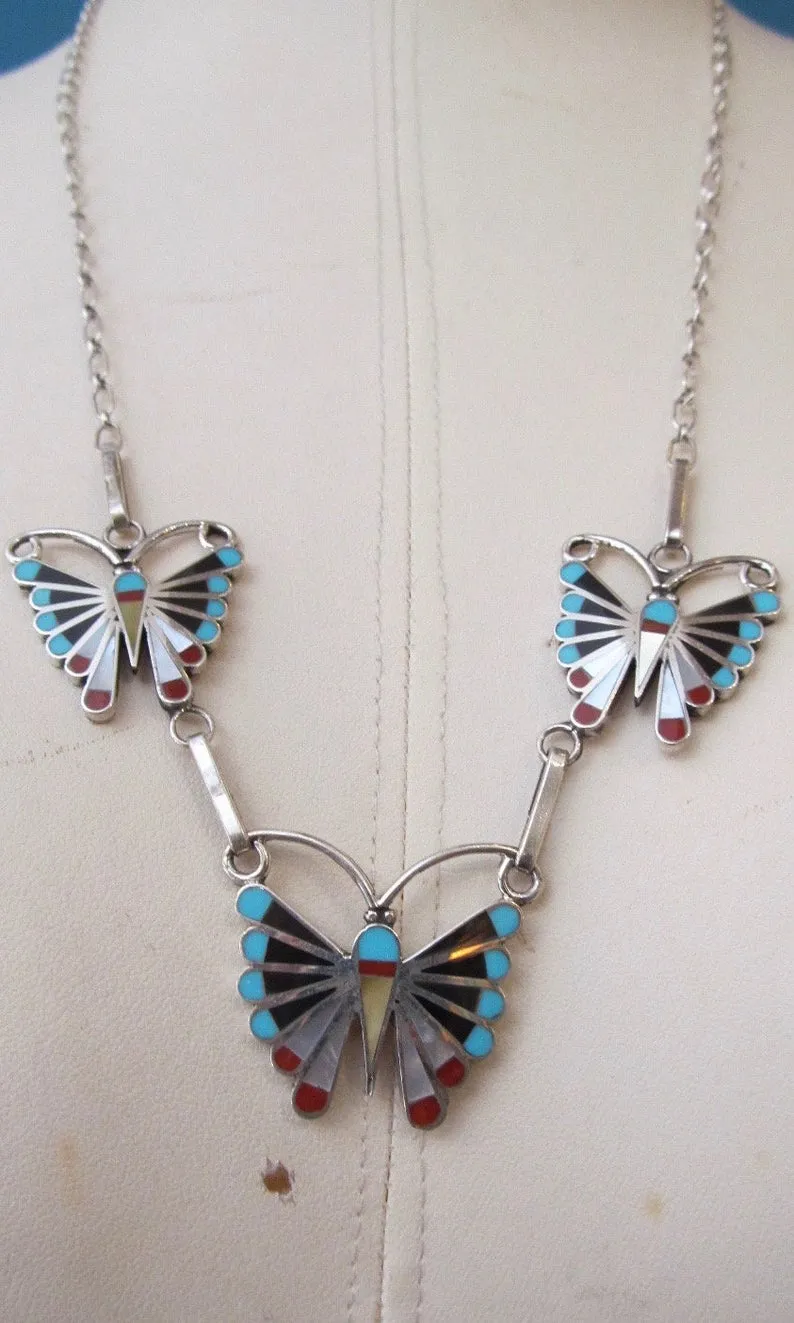 SOCIAL BUTTERFLY Silver Zuni Multi Inlay Butterfly Necklace