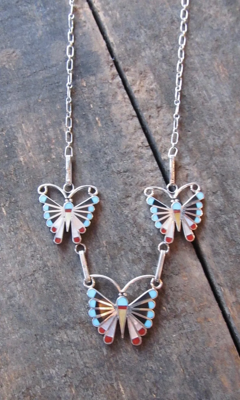 SOCIAL BUTTERFLY Silver Zuni Multi Inlay Butterfly Necklace