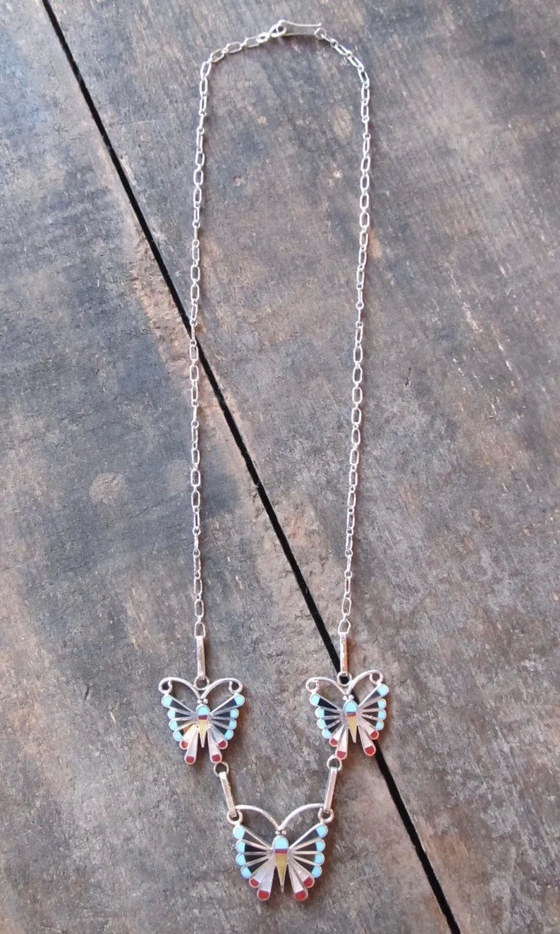 SOCIAL BUTTERFLY Silver Zuni Multi Inlay Butterfly Necklace