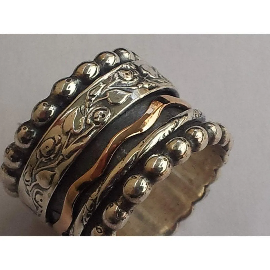 Spinner Ring, Romantic Floral spinning ring silver gold Meditation rings