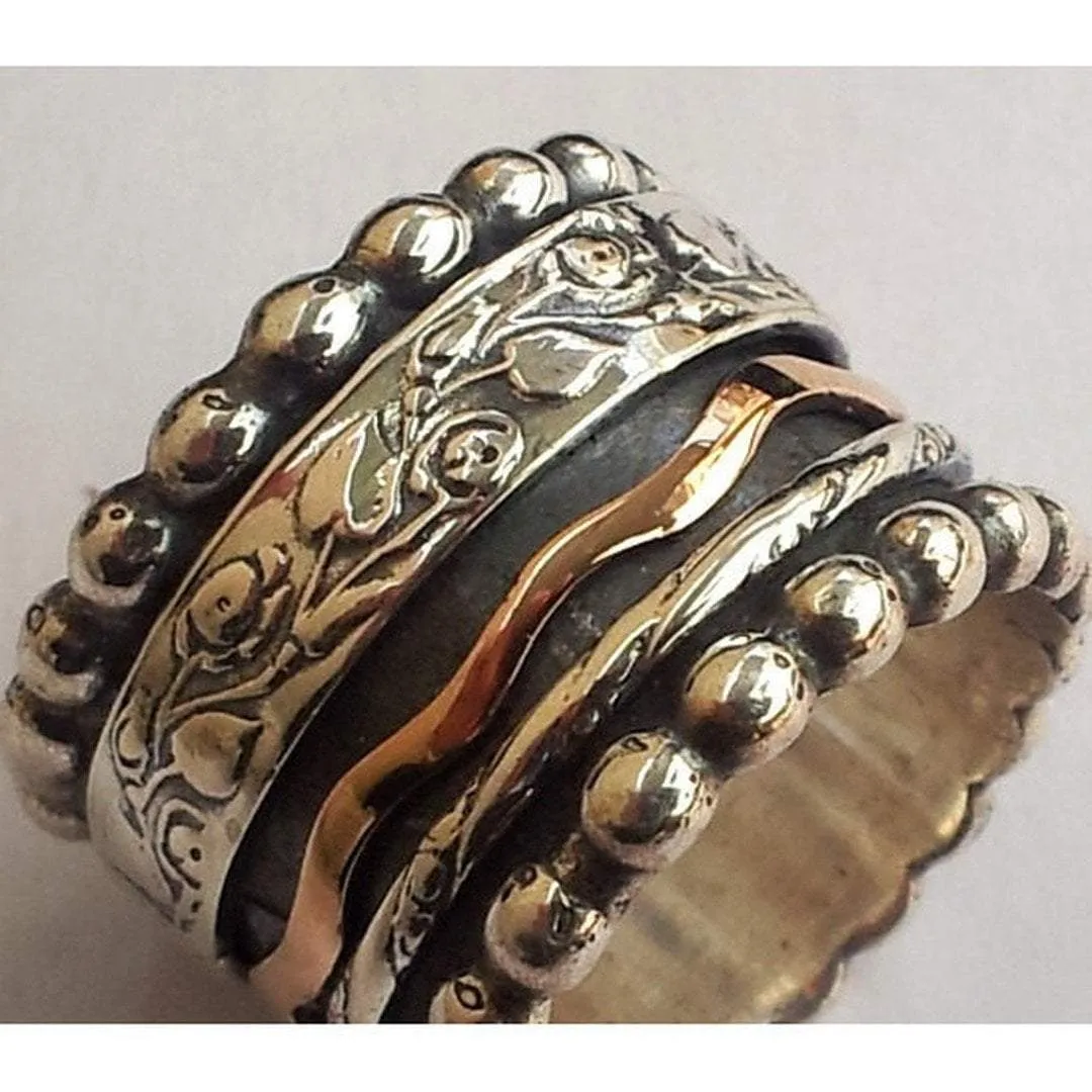 Spinner Ring, Romantic Floral spinning ring silver gold Meditation rings