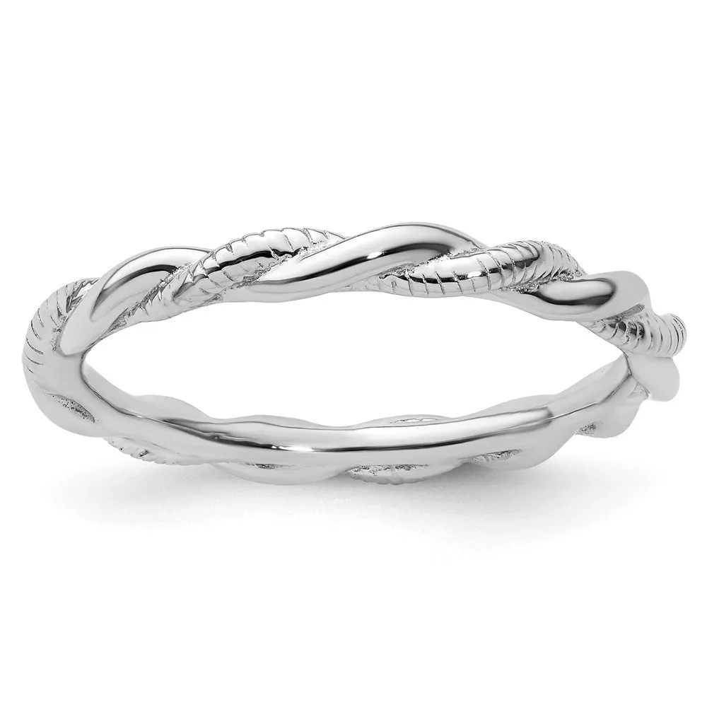 Stackable Expressions Rhodium-Plated Polished & Textured Twist Ring in Sterling Silver