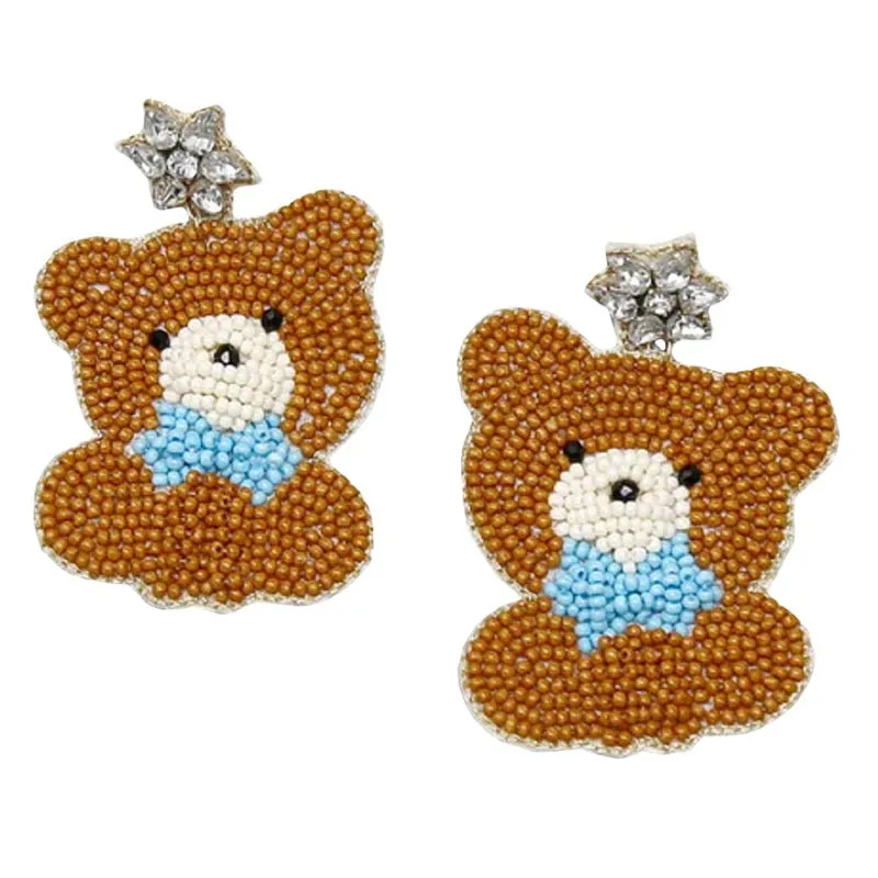 Teddy Bear Seed Beaded Earrings