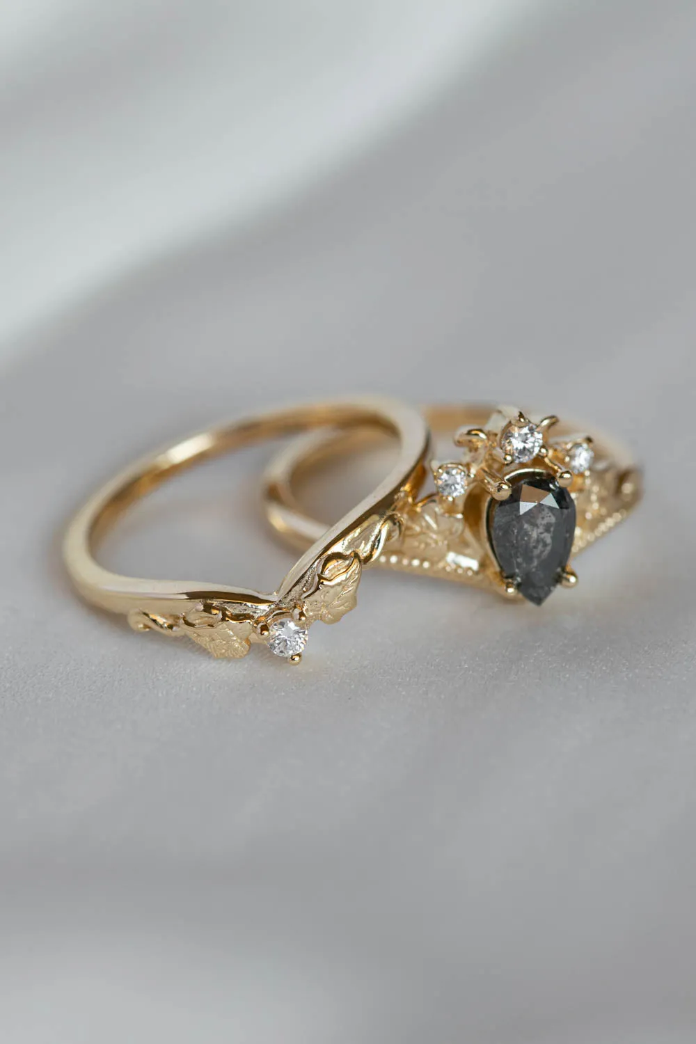 Tiara shape engagement ring with natural salt and pepper diamond / Ariadne