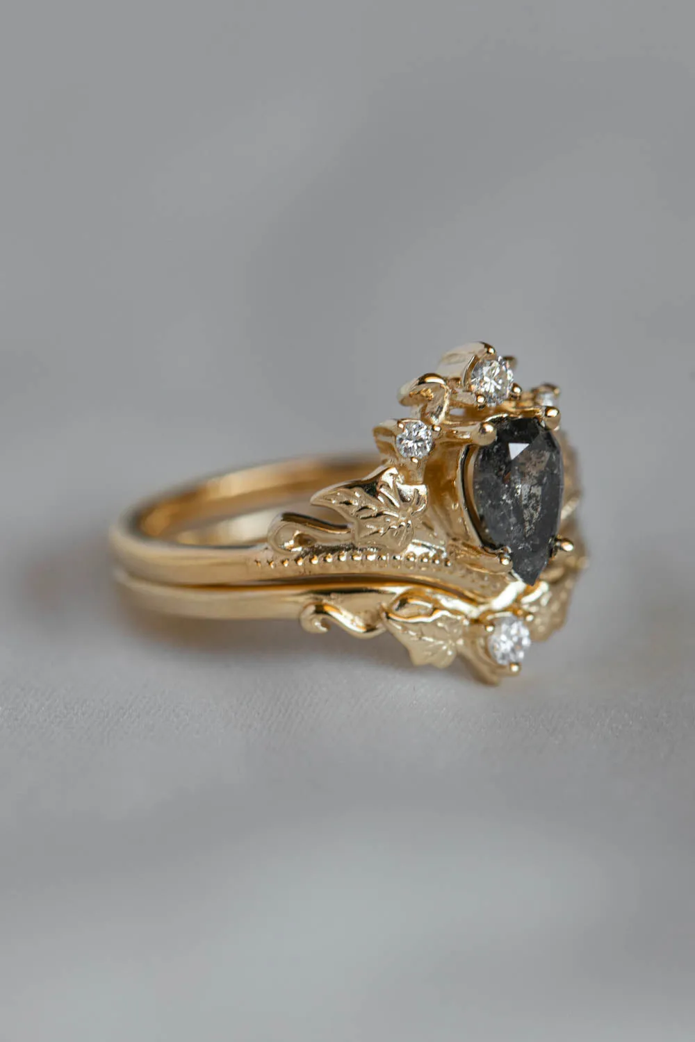 Tiara shape engagement ring with natural salt and pepper diamond / Ariadne