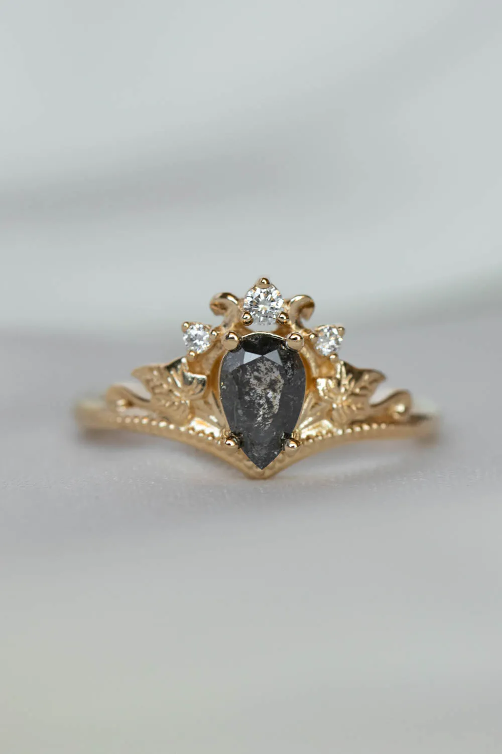 Tiara shape engagement ring with natural salt and pepper diamond / Ariadne