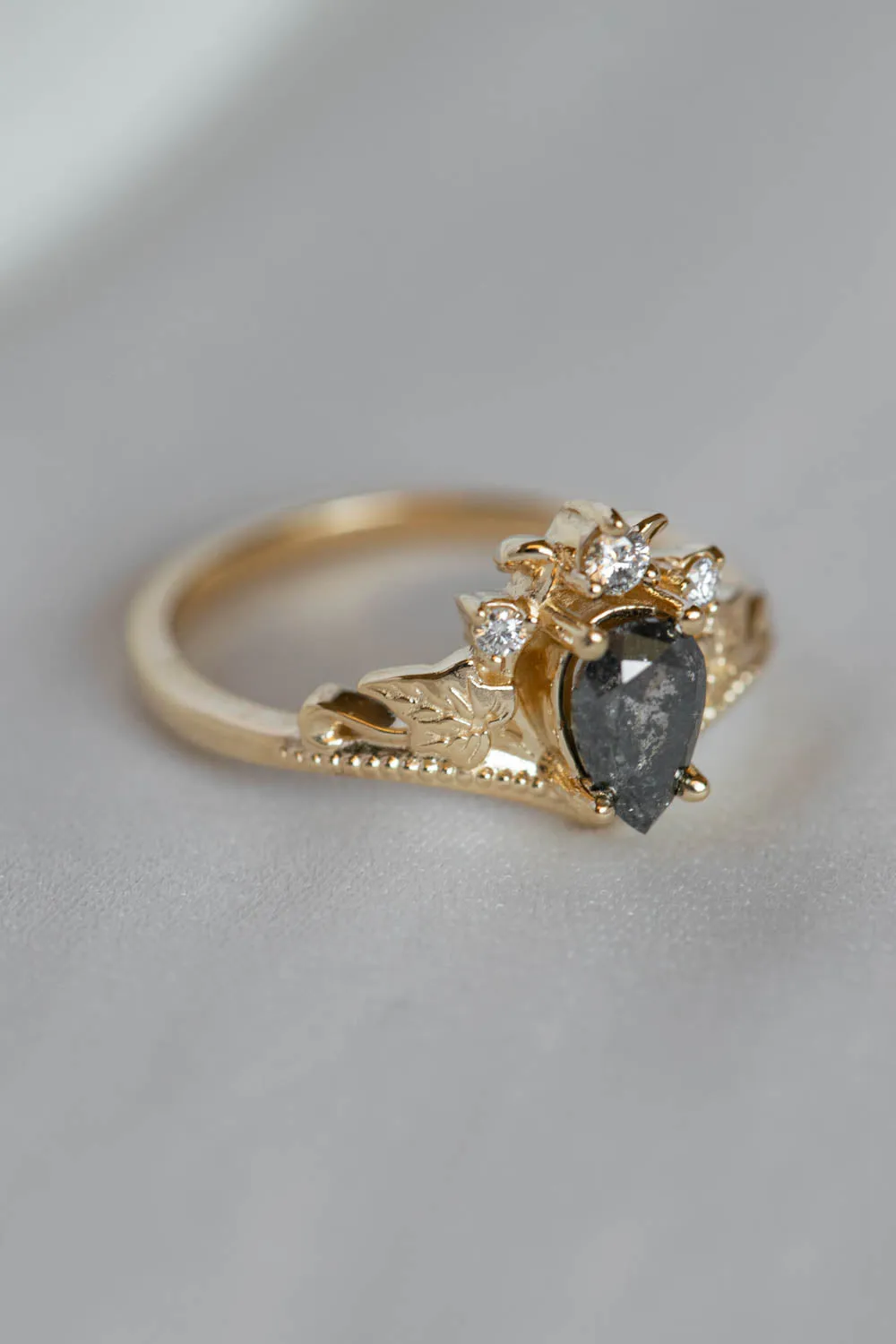 Tiara shape engagement ring with natural salt and pepper diamond / Ariadne