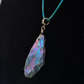 Titanium Coated Quartz gemstone on genuine Leather Necklace