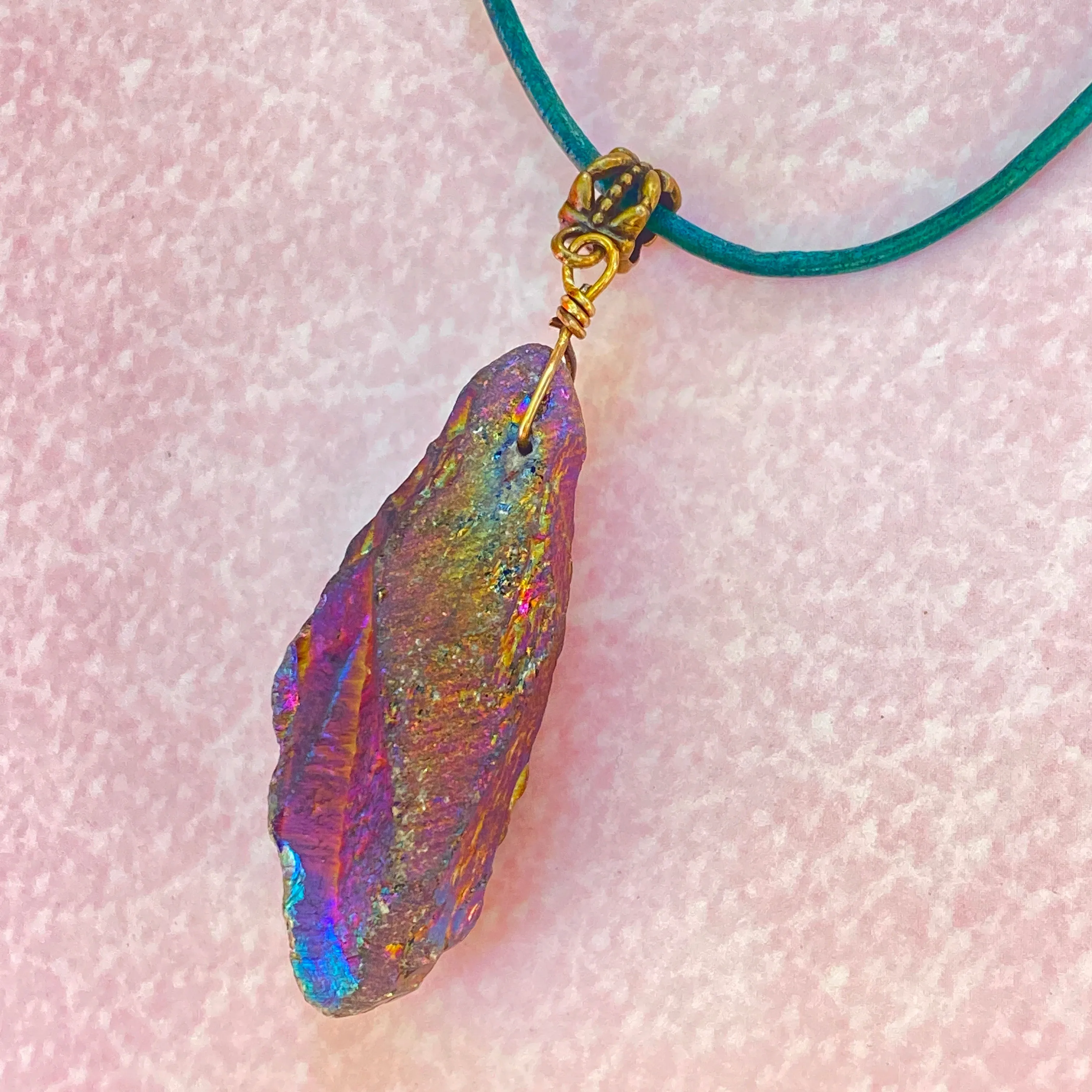 Titanium Coated Quartz gemstone on genuine Leather Necklace