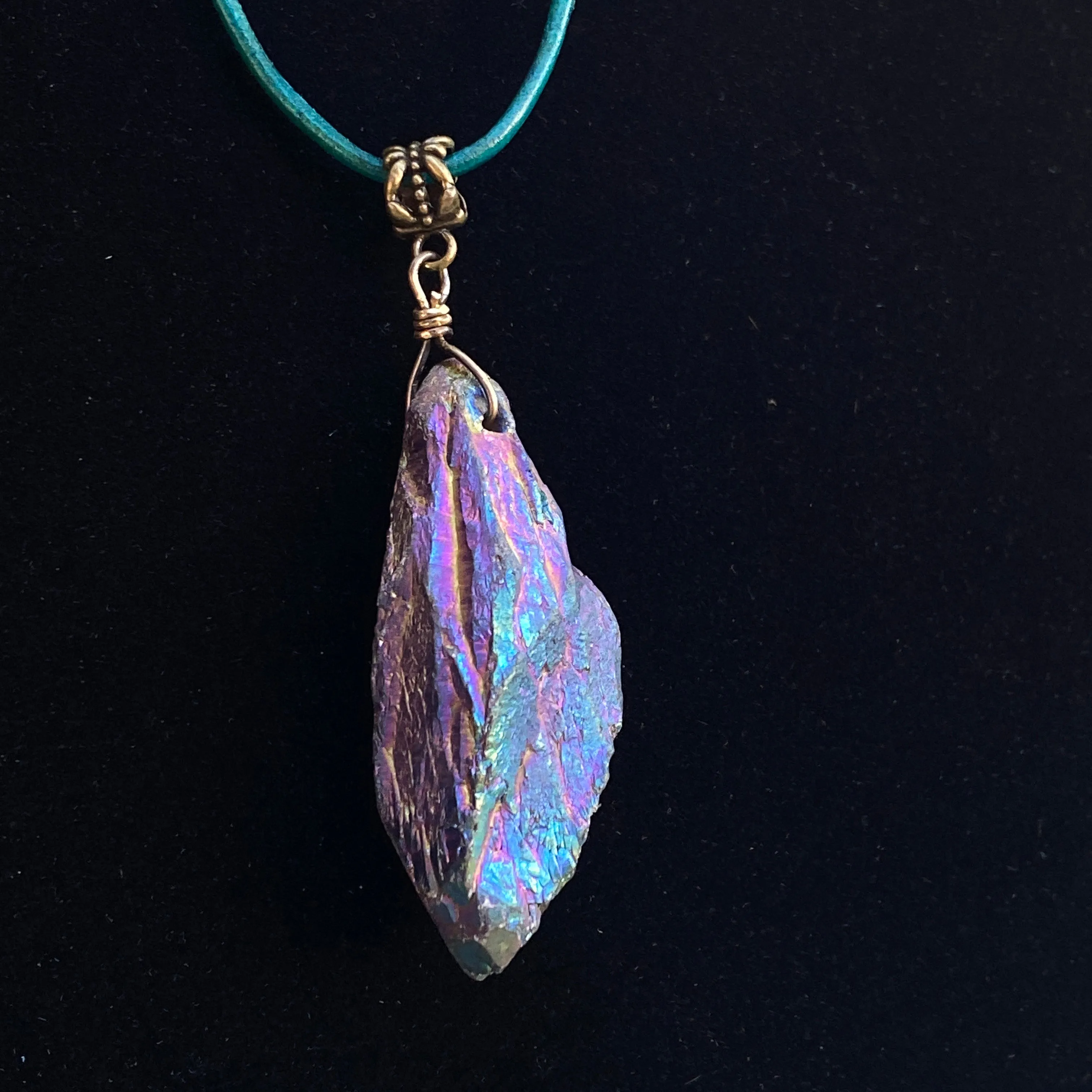 Titanium Coated Quartz gemstone on genuine Leather Necklace