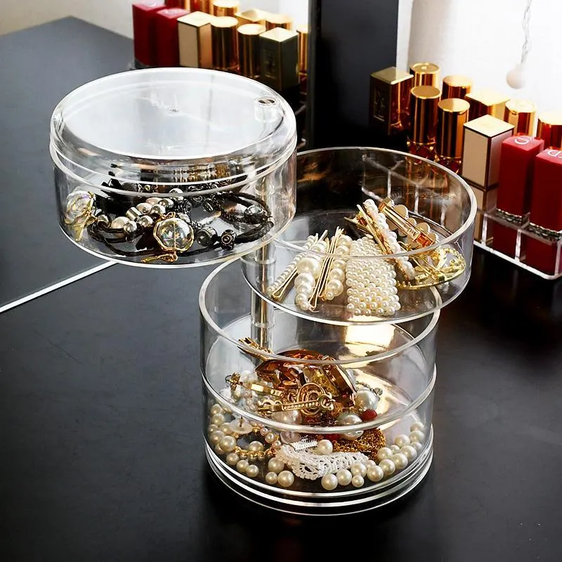 Transparent 360 Degree Rotating Dustproof Jewelry Box Small Multilayer Earring Ring Hairpin Jewelry Display Rack Storage Box