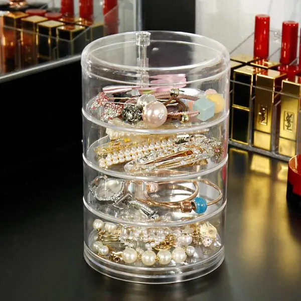 Transparent 360 Degree Rotating Dustproof Jewelry Box Small Multilayer Earring Ring Hairpin Jewelry Display Rack Storage Box