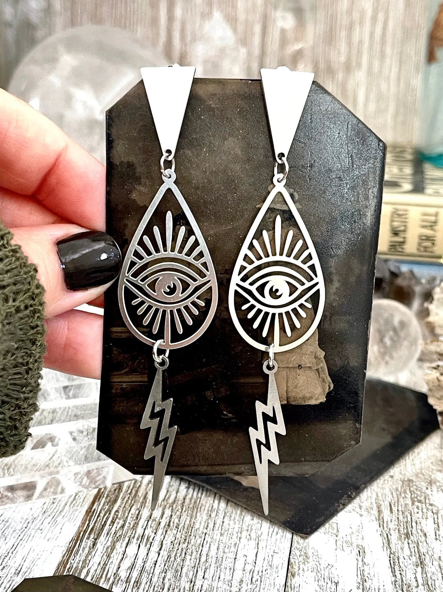 Triangular Teardrop Eye and Lightning Bolt Earrings in Stainless Steel / Hypoallergenic Geometric Eye Earring