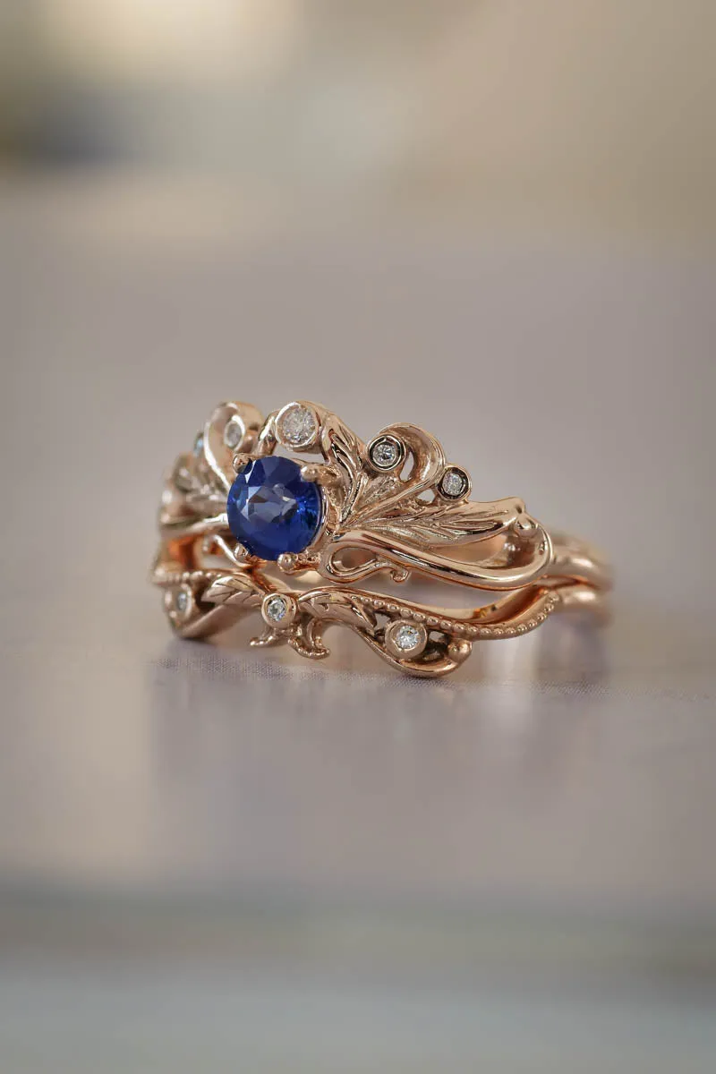 Vintage style bridal ring set with blue sapphire / Damariss